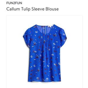 Fun 2 Fun Blue with Red & White Florals Callum Tulip Sleeve Blouse | Size XXL